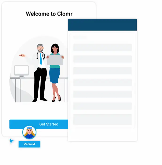 A patient on their own phone working through Clomr registration: the welcome screen, reviewing their address, then the insurance card captured front and back